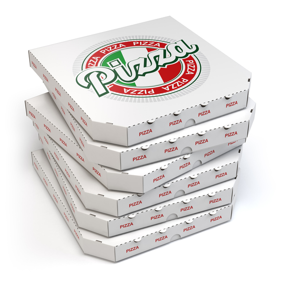 A set of personalized pizza boxes with each box resting atop the other