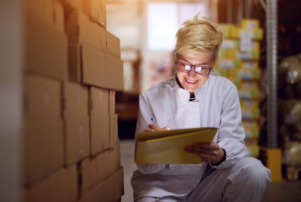 A young happy female worker is checking a list next to a stack of corrugated boxes, demonstrating the importance of good product packaging.