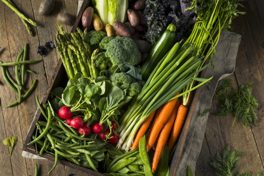 closeup of produce, corrugated produce boxes