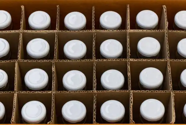 A closeup of bottles in corrugated packaging, depicting food and beverage packaging services